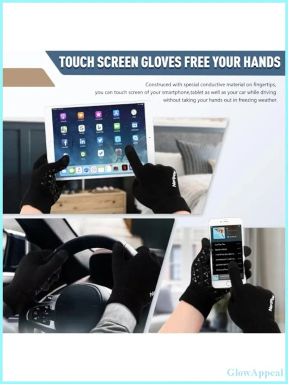 Winter Knit Hat Gloves Scarf Set Fleece Lined Touchscreen Unisex